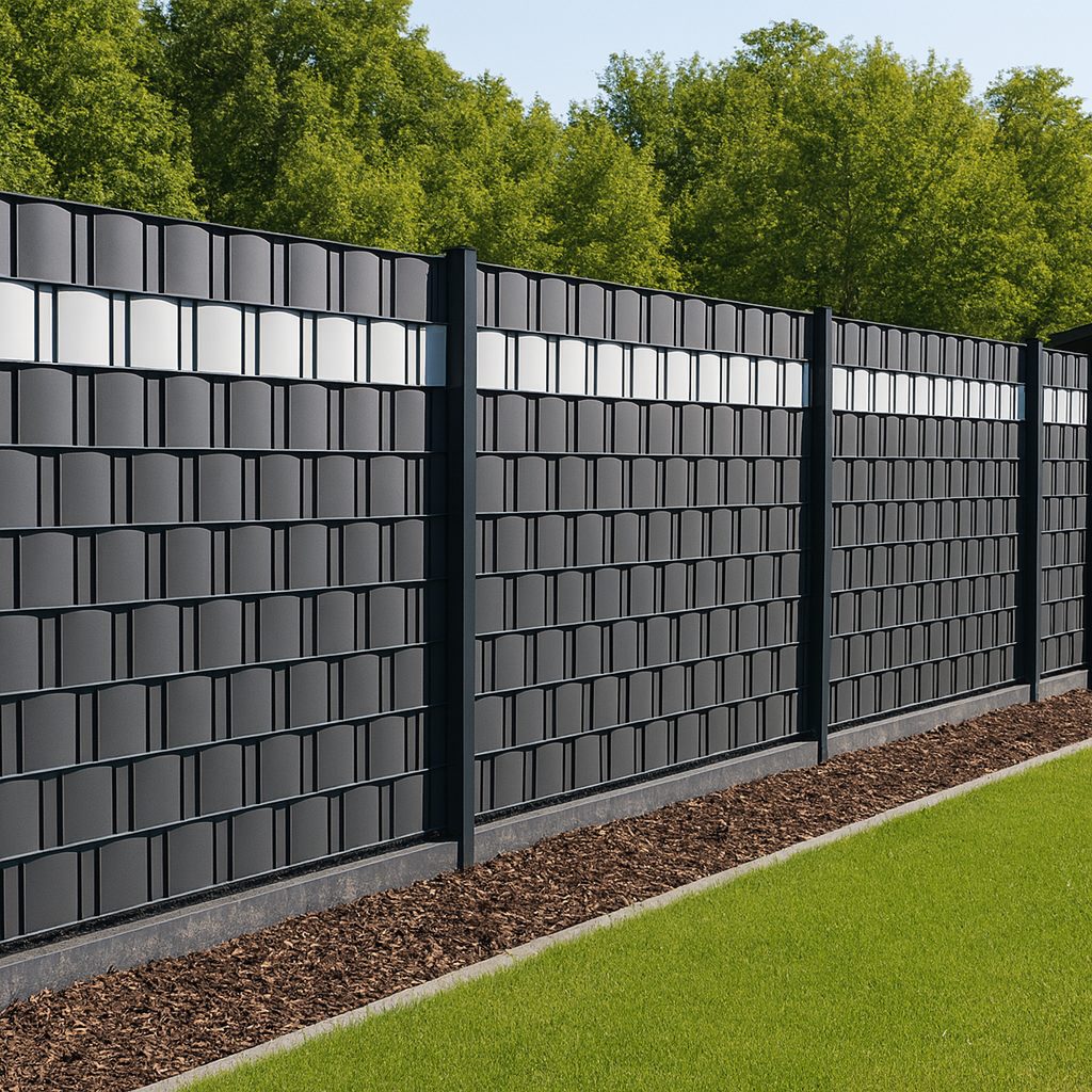 Doppelstabmattenzaun mit anthrazitfarbenen Sichtschutzstreifen und weißem Akzent im modernen Garten in Leipzig