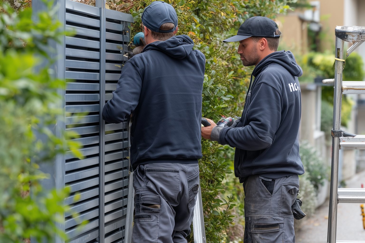 Zwei erfahrene Handwerker montieren einen modernen Lamellen-Sichtschutzzaun in einem Garten in Halle.