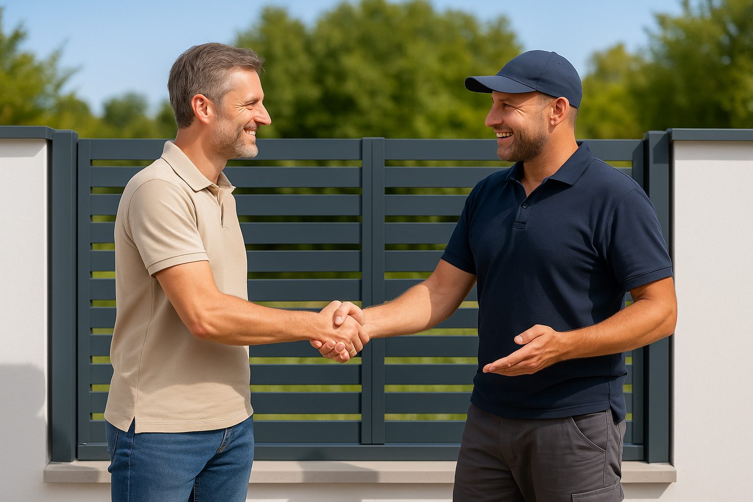 Kunde und Zaunbauer geben sich vor einem frisch montierten Zaun in Leipzig die Hand zur Abnahme.