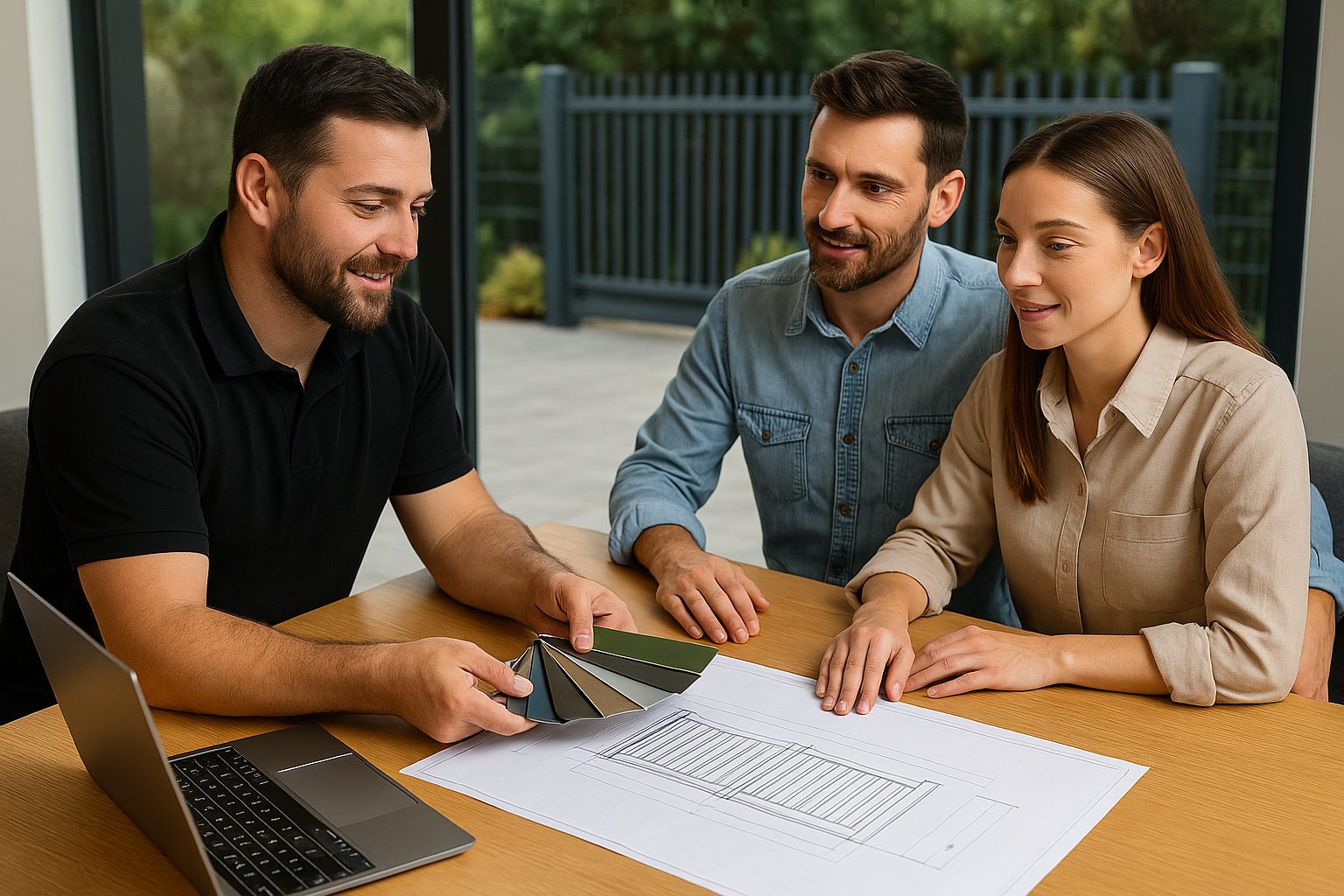 Beratungsgespräch zu einem Zaunbau für den Raum Halle Leipzig mit Mustern und Visualisierungen unserer Zäune