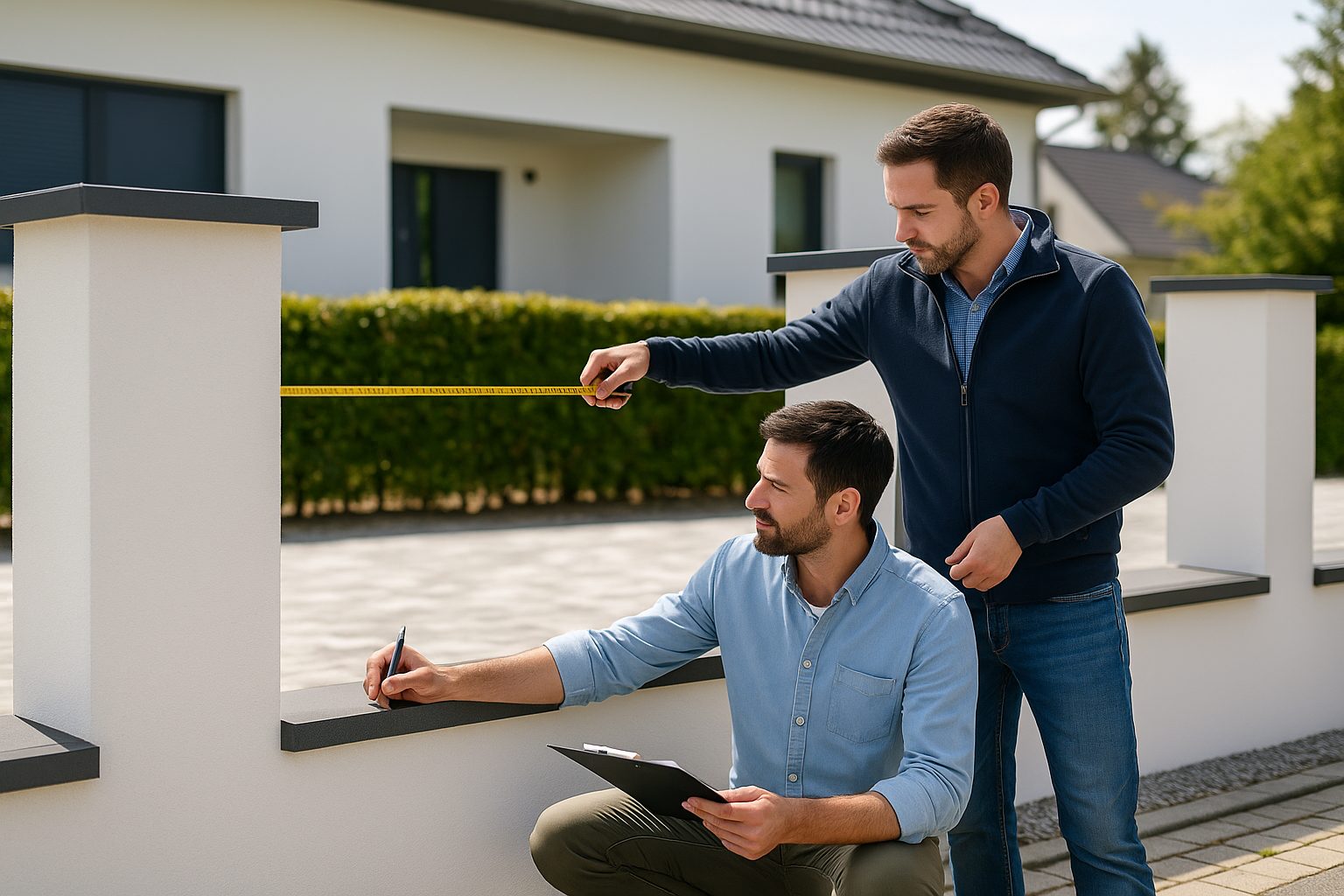 Zwei Mitarbeiter beim genauen Aufmaß und der Detailplanung für einen Zaunbau in Leipzig
