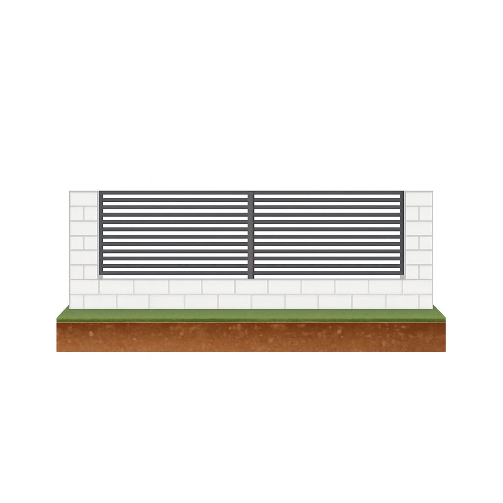 Illustration zeigt Zaunfelder, die auf einer Mauer zwischen Eckpfeilern und Zwischenpfosten montiert sind