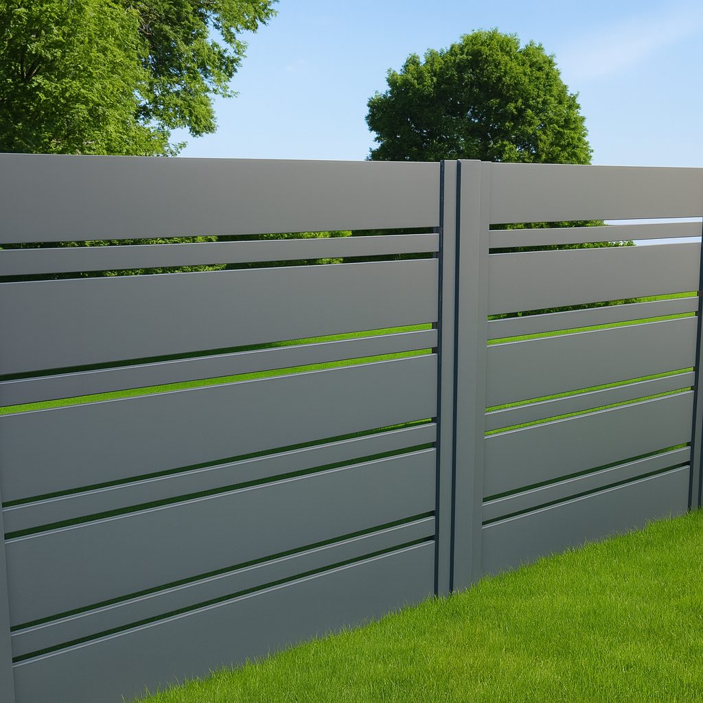 Moderner Aluminiumzaun mit waagerechten Paneelen in Anthrazit auf grüner Rasenfläche