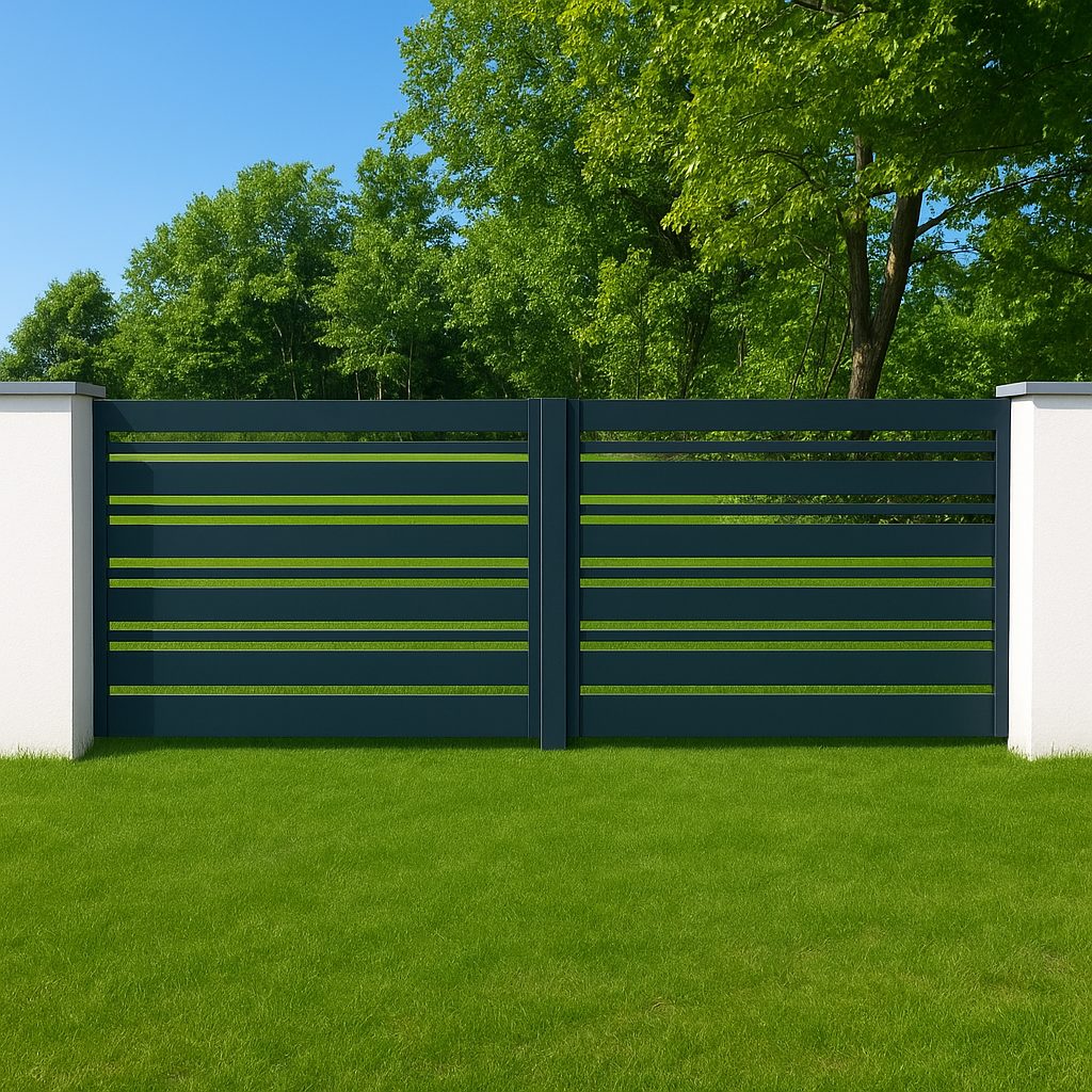 Aluminium Doppelflügeltor in Anthrazit mit waagerechten Sichtschutzpaneelen zwischen weißen Pfeilern