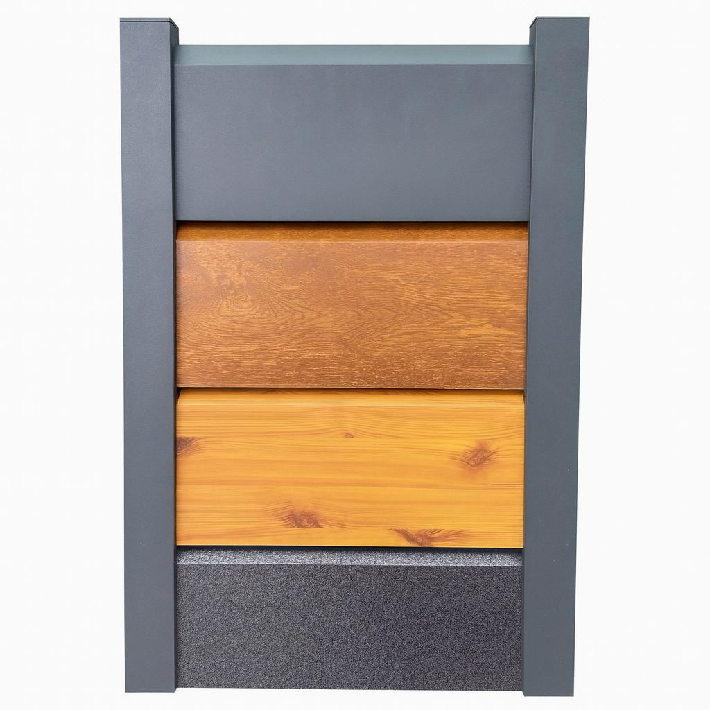 Farbmuster eines Aluminium Sichtschutzzauns mit Holzoptik in hellbraun, dunkelbraun und Anthrazit, pulverbeschichtet und pflegeleicht