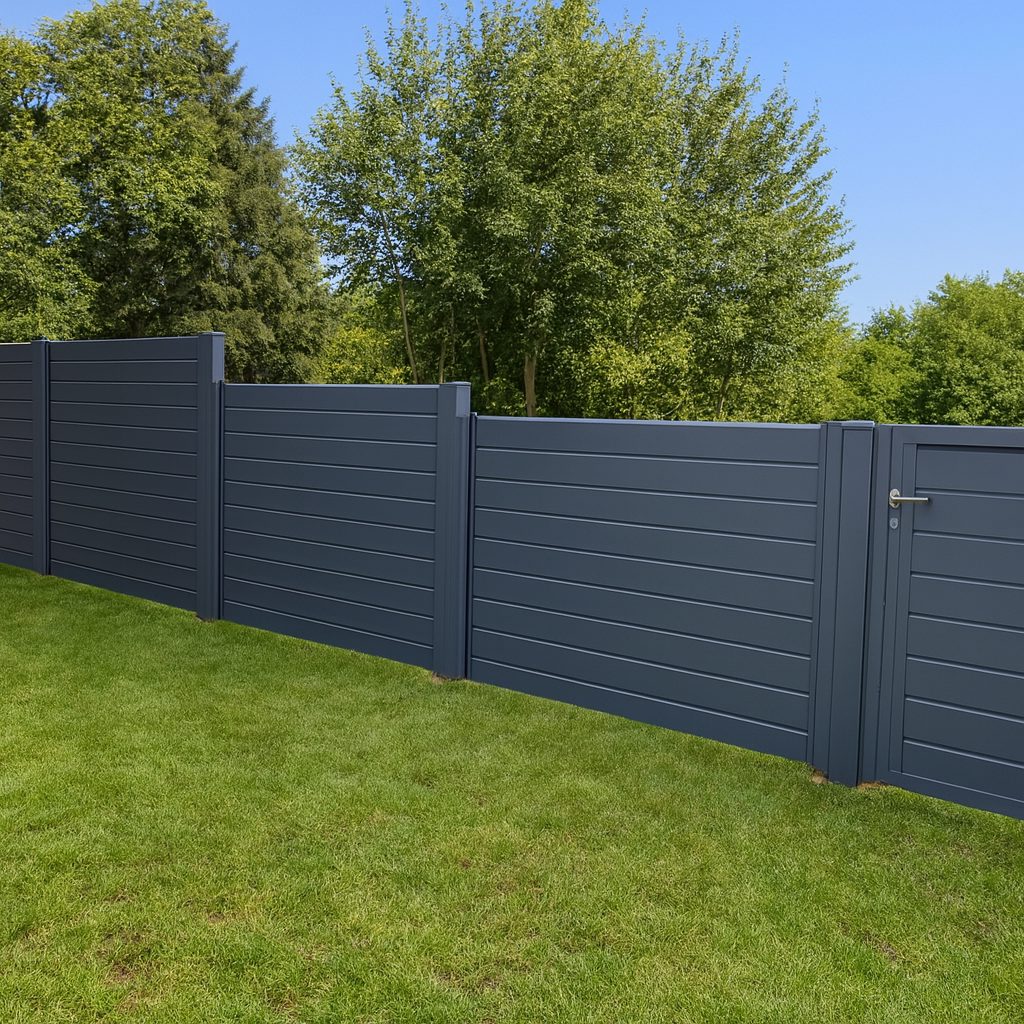 Aluminium Sichtschutzzaun in Anthrazit mit integrierter Gartentür auf gepflegtem Rasen