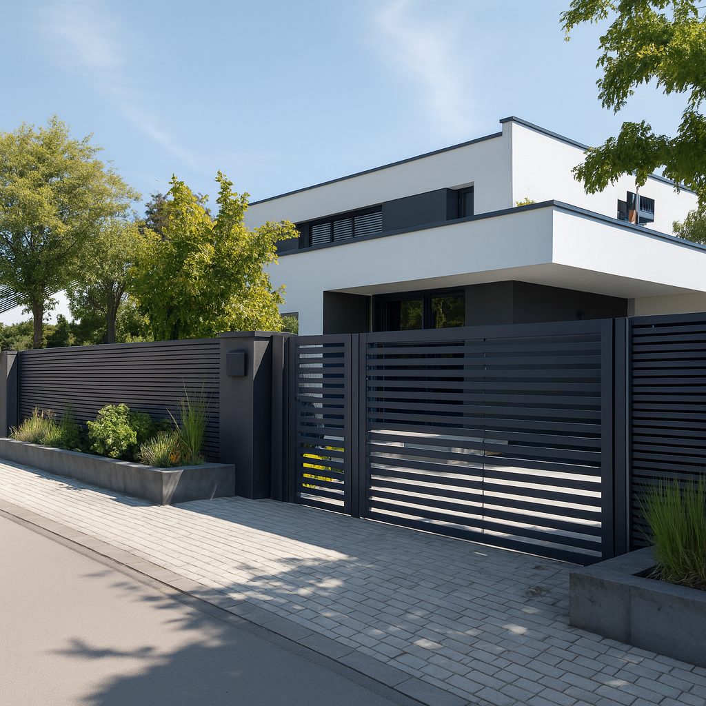 Moderner Aluminiumzaun mit passendem Einfahrtstor in Anthrazit vor einem Einfamilienhaus