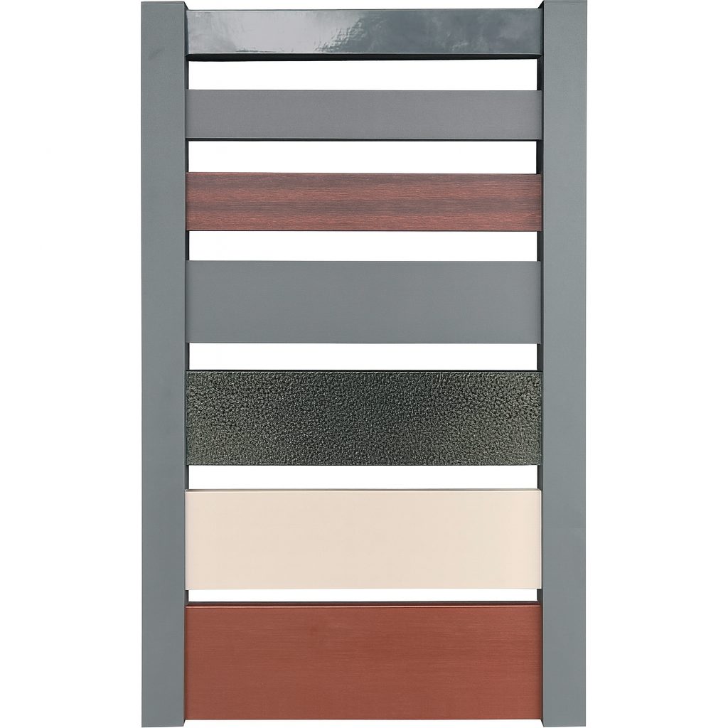 Verschiedene Farben und Paneelstärken eines Aluminiumzauns in Anthrazit, Creme, Braun und Metallic-Strukturoptik
