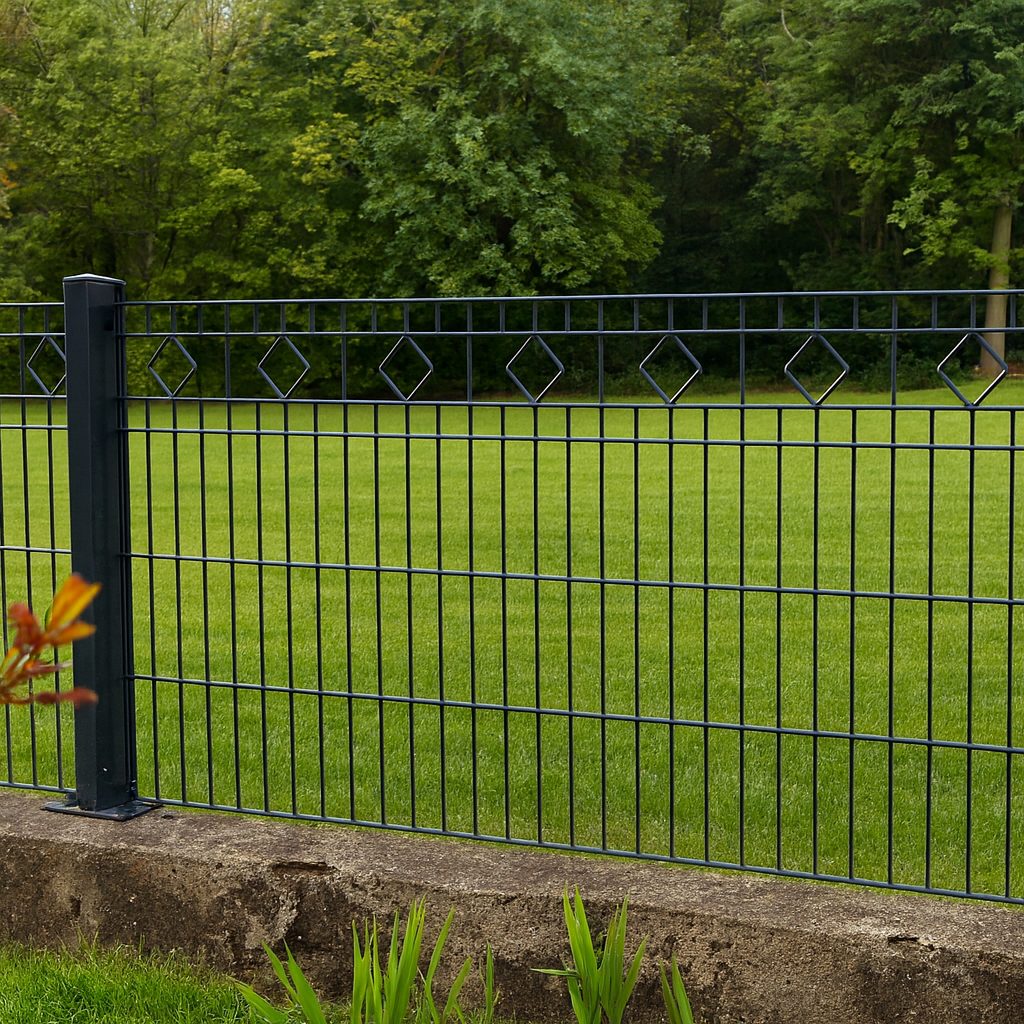 Moderner Stabmattenzaun in anthrazit mit gerader Oberkante und dekorativen Elementen vor grüner Gartenkulisse