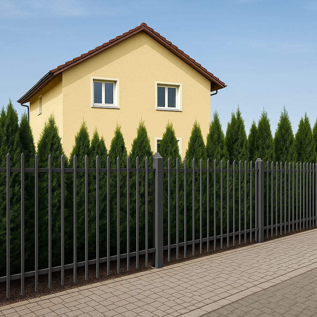 Gartenzaun aus Aluminium mit senkrechten Profilstäben vor gelbem Wohnhaus und Thuja-Hecke