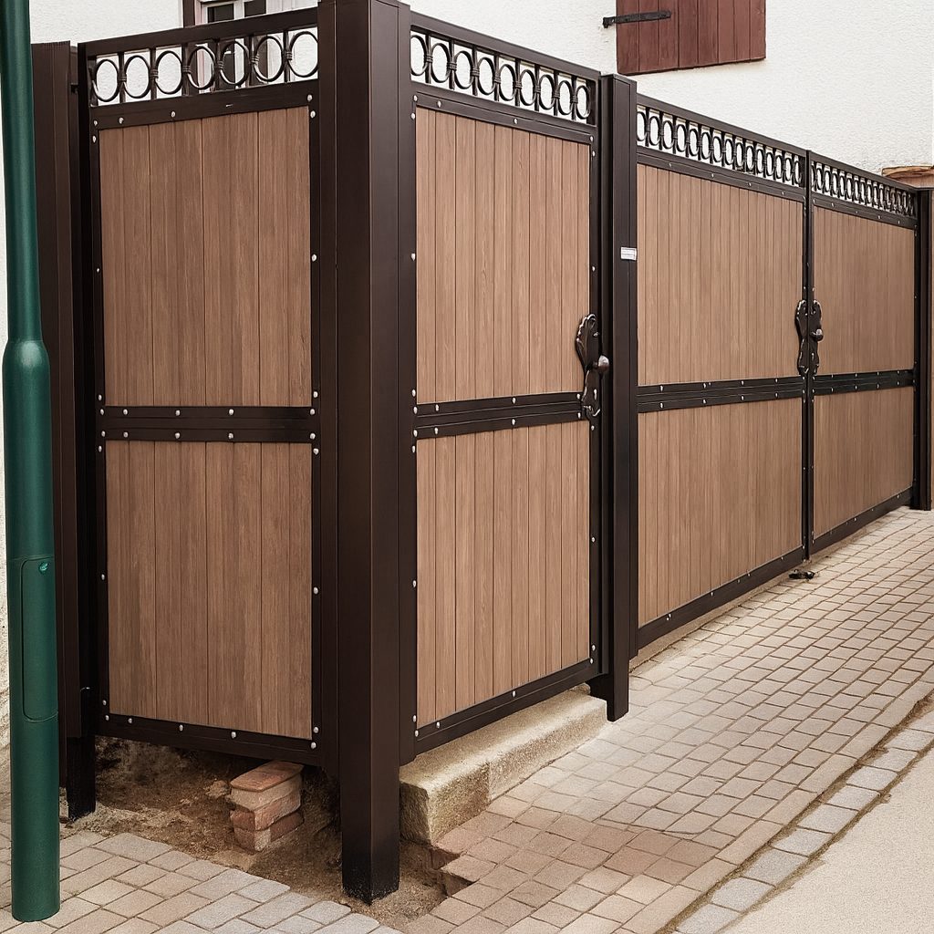 „Moderner Kömapan Sichtschutzzaun in Holzoptik mit schwarzem Metallrahmen in Halle – langlebig und pflegeleicht“