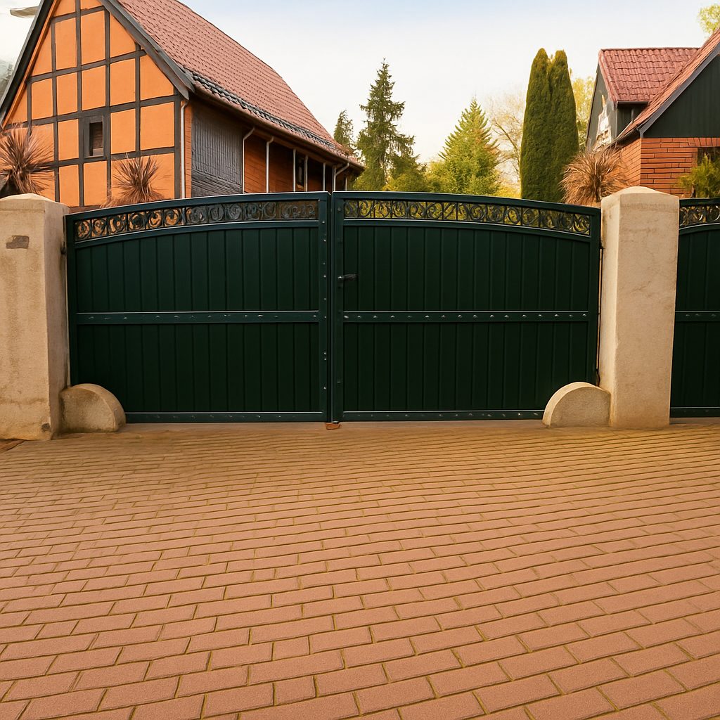 „Anthrazitfarbener Kömapan Sichtschutzzaun mit Doppeltor in Leipzig – moderner Sichtschutz mit pflegeleichtem Kunststoff“