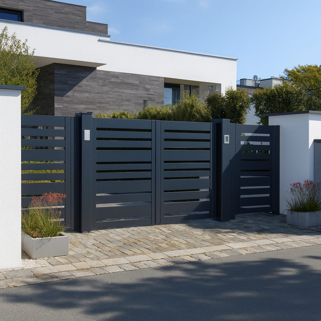 Modernes Aluminiumtor in Anthrazit mit waagerechten Lamellen vor Einfamilienhaus