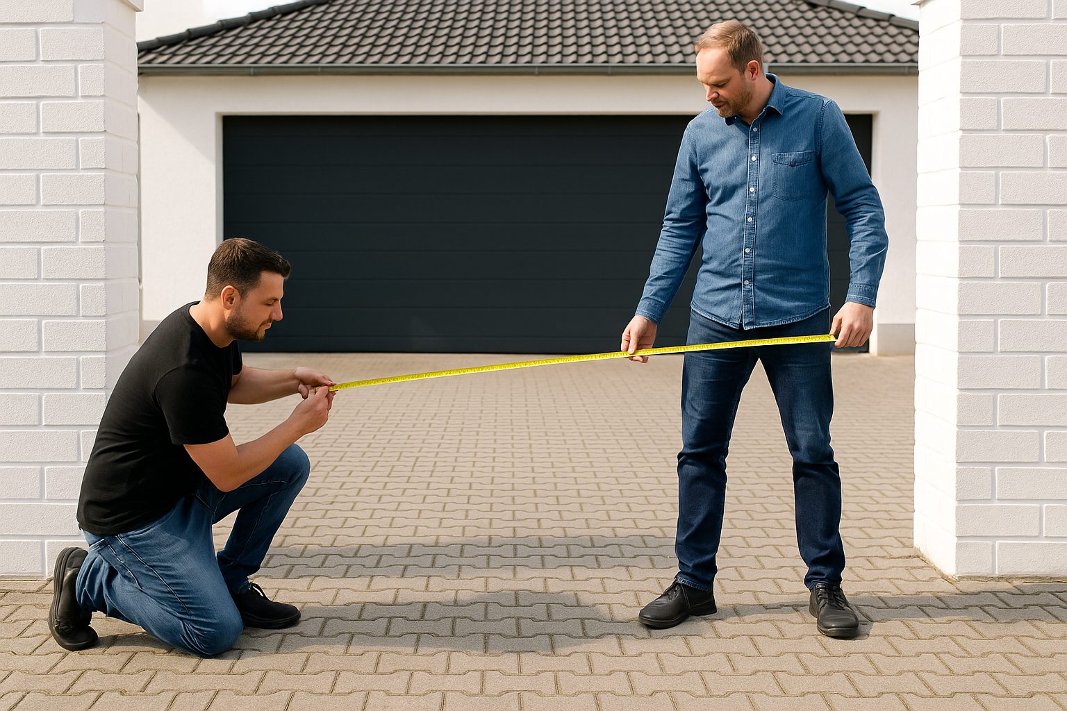 Zwei Männer messen mit einem Maßband den Abstand zwischen zwei weißen gemauerten Pfeilern vor einer gepflasterten Einfahrt, die zu einer Garage führt.