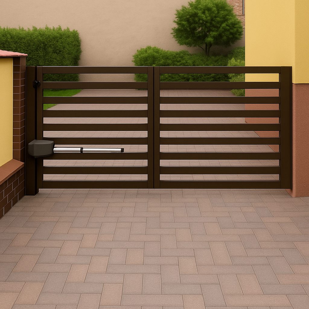 Einflügeliges Flügeltor (Drehtor) in Braun mit horizontalen Lamellen und elektrischem Antrieb in Halle Saale