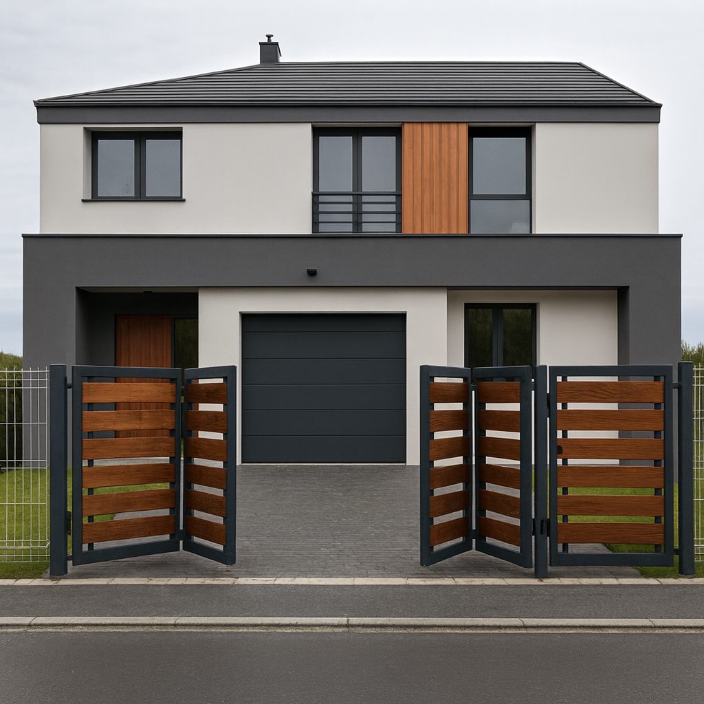 Modernes anthrazitfarbenes Falttor mit waagerechten Holzlamellen vor einem kubischen Einfamilienhaus in Leipzig