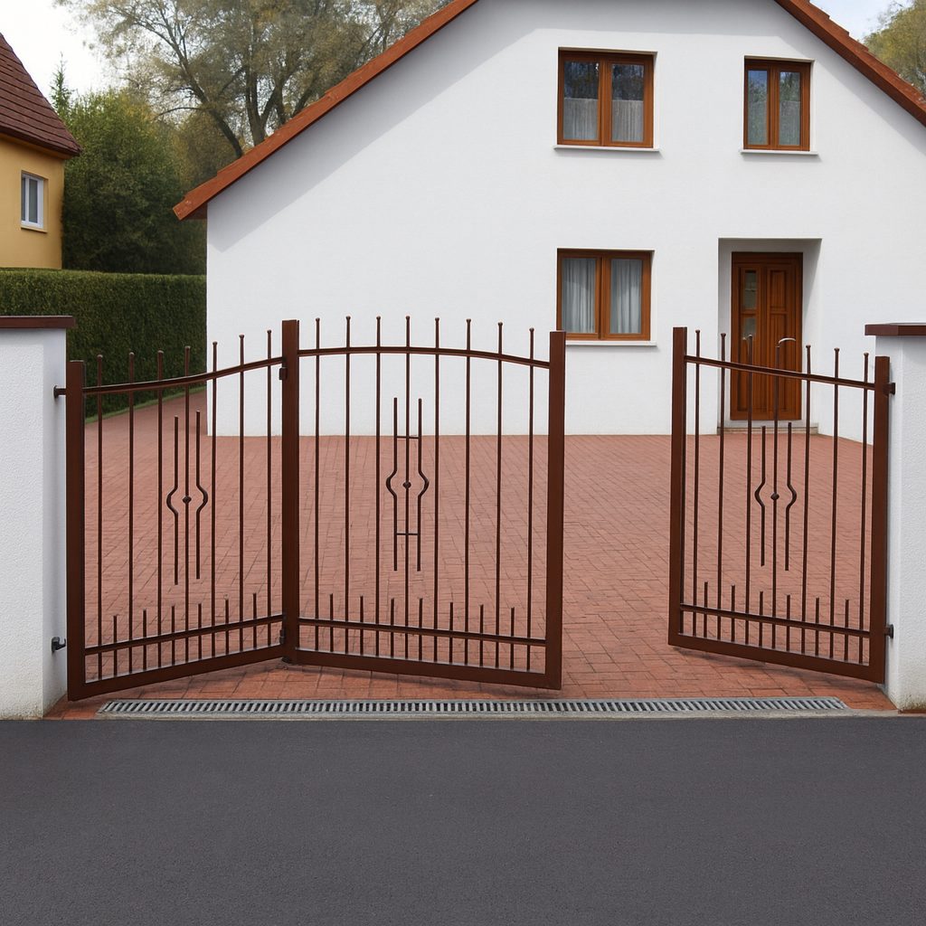 Braunes Falttor für die Einfahrt vor einem weißen Einfamilienhaus in Halle