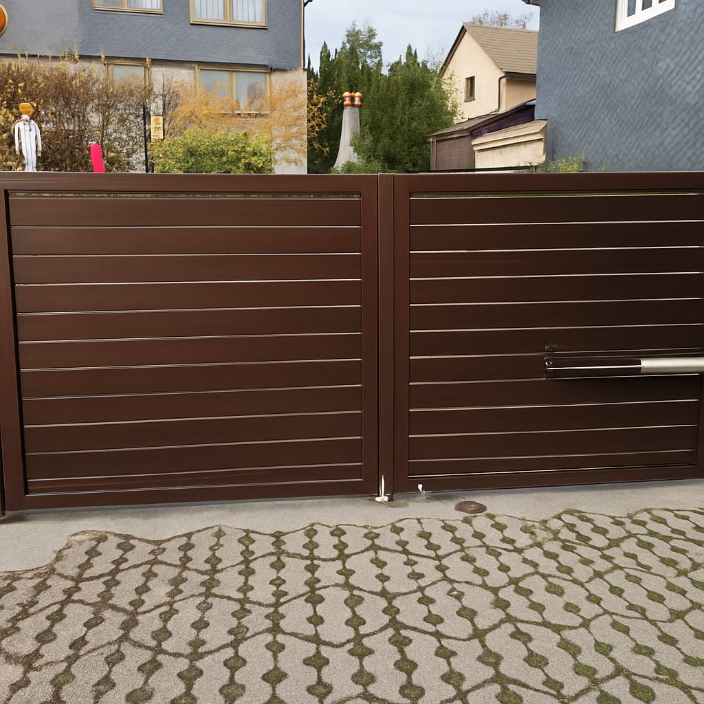 Braunes zweiflügeliges Falttor aus Stahl mit waagerechten Lamellen und elektrischem Torantrieb vor einem Einfamilienhaus in Halle