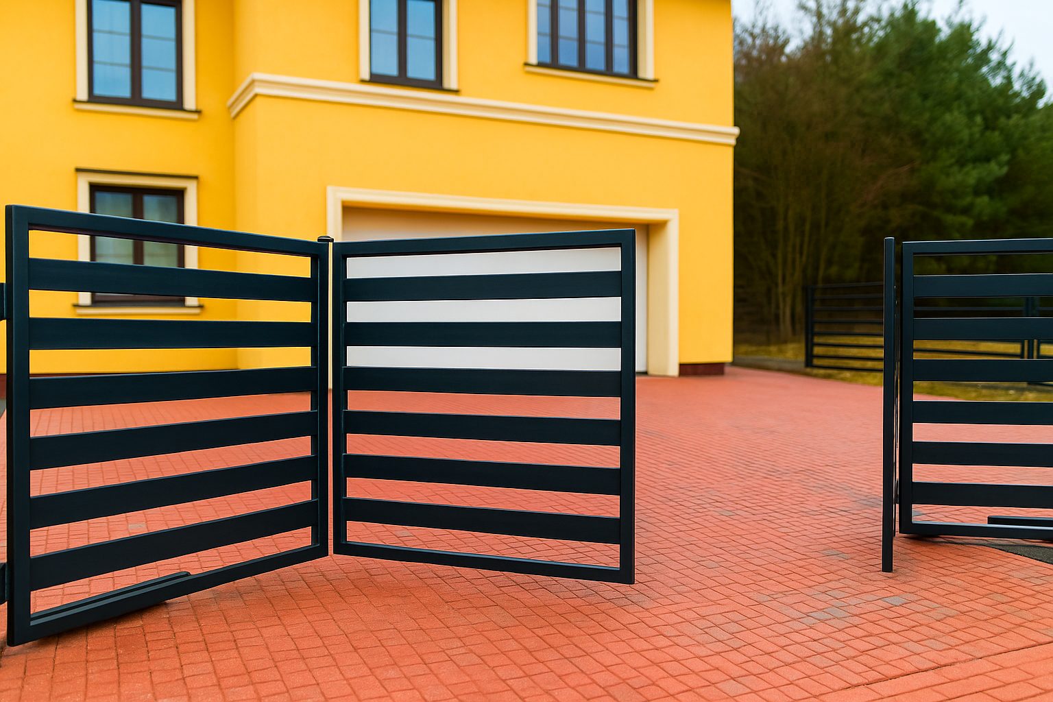 Modernes doppelflügeliges Falttor aus Aluminium vor einer Stadtvilla in Leipzig