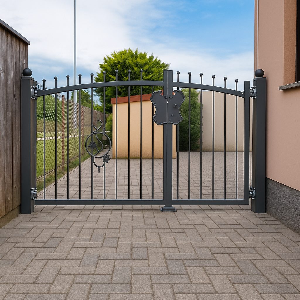 Zweiflügeliges Flügeltor (Drehtor) mit asymmetrischen Flügeln (z. B. 1/3 + 2/3) in Anthrazit in Halle