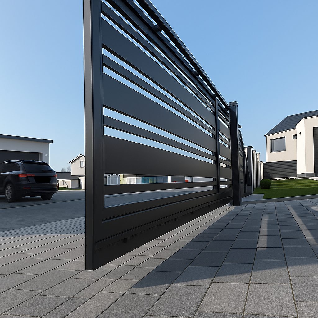 Freitragendes Schiebetor in Anthrazit mit horizontalen Lamellen, schwebend ohne Bodenschiene vor modernem Einfamilienhaus