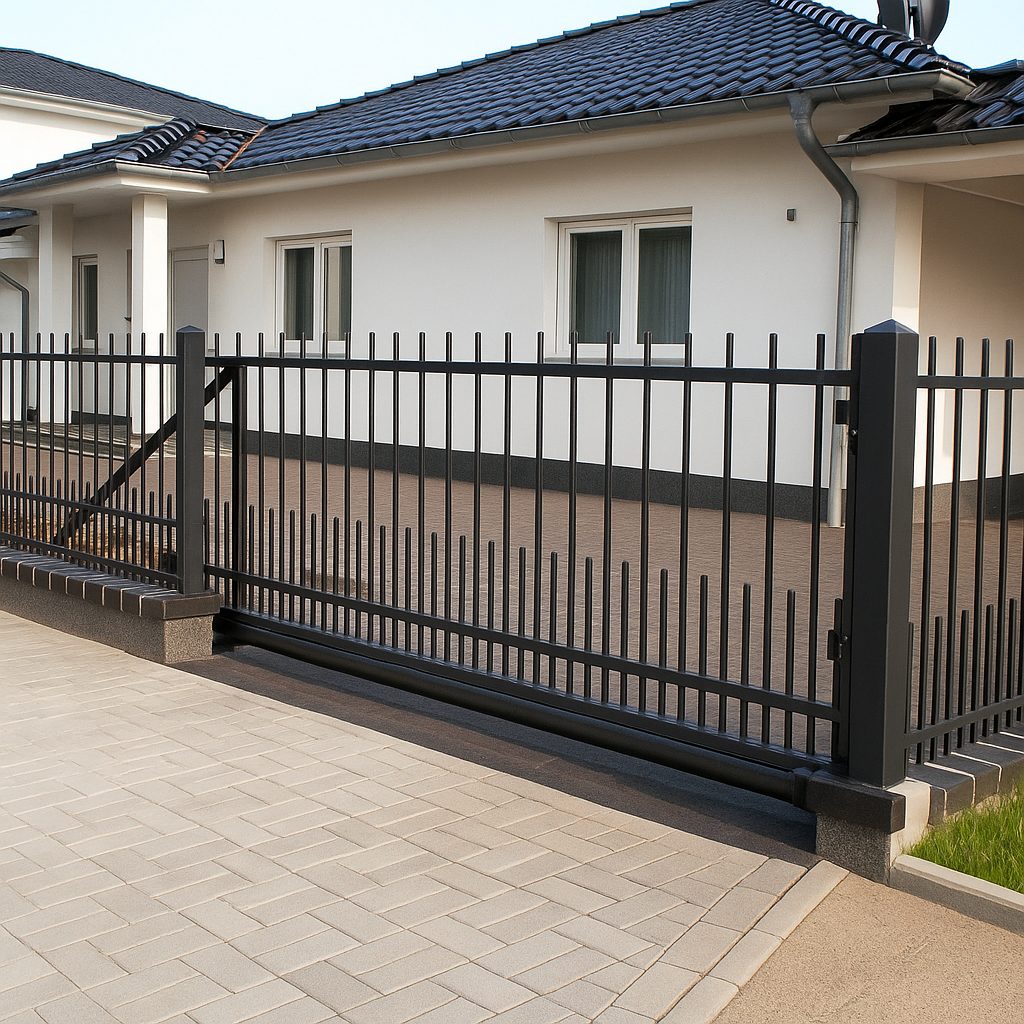 Freitragendes anthrazitfarbenes Schiebetor mit senkrechter Stabfüllung vor Einfamilienhaus in Leipzig