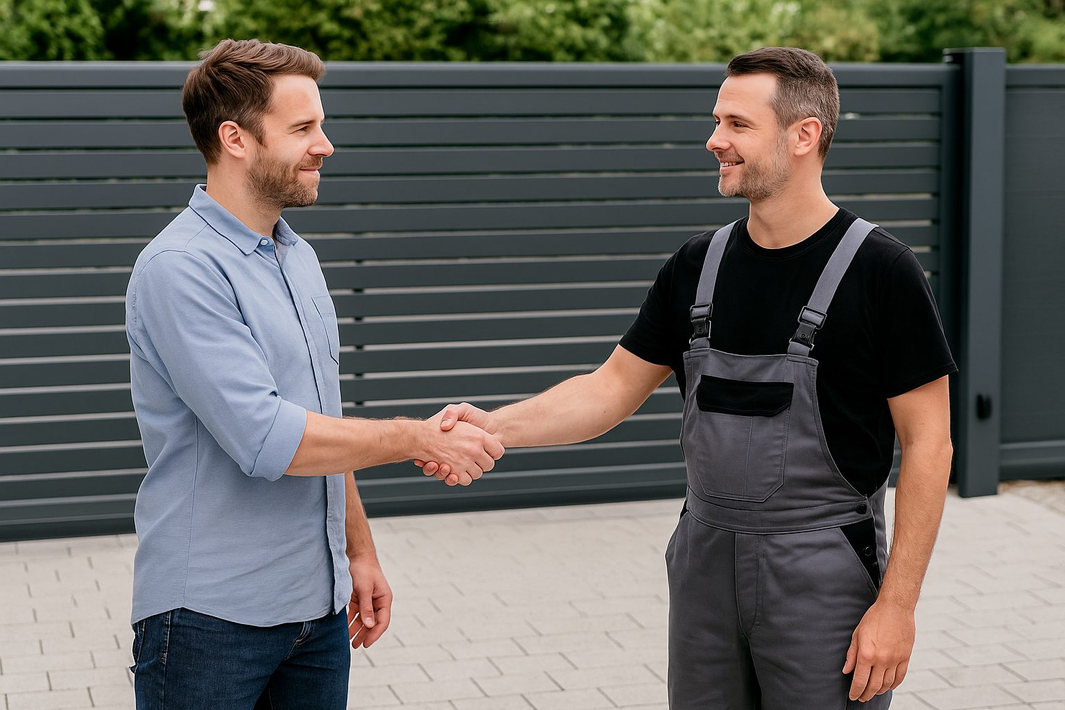 Zwei Männer schütteln sich die Hand vor einem anthrazitfarbenen Schiebetor – Symbol für erfolgreiche Zusammenarbeit im Zaun- und Torbau.