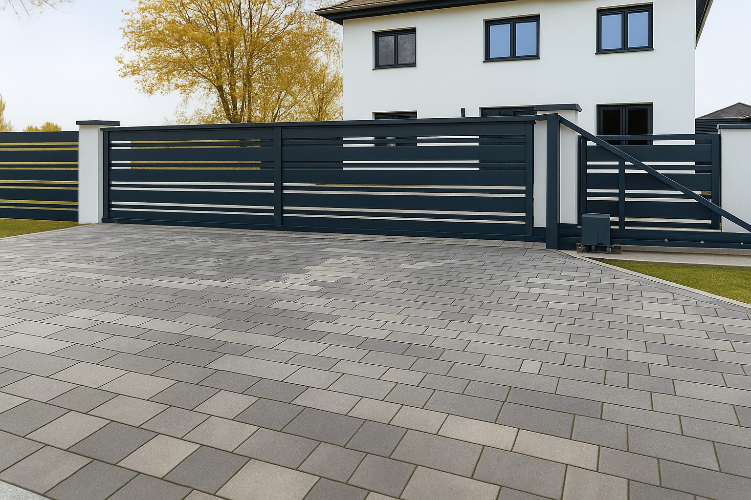 Modernes freitragendes Schiebetor in Anthrazit mit horizontalen Paneelen, installiert in Leipzig