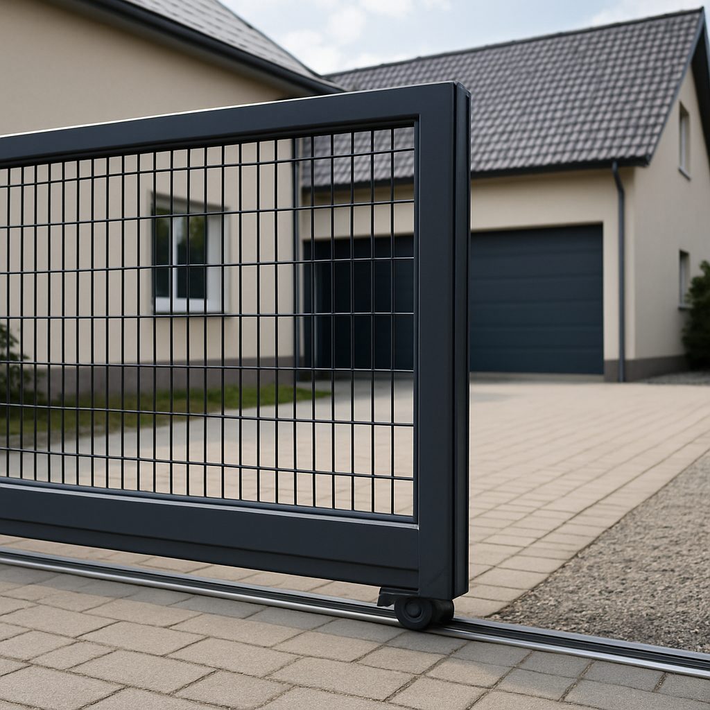 Schiebetor anthrazit mit Gitterfüllung auf Bodenschiene, halb geöffnet – Einfamilienhaus mit Garage