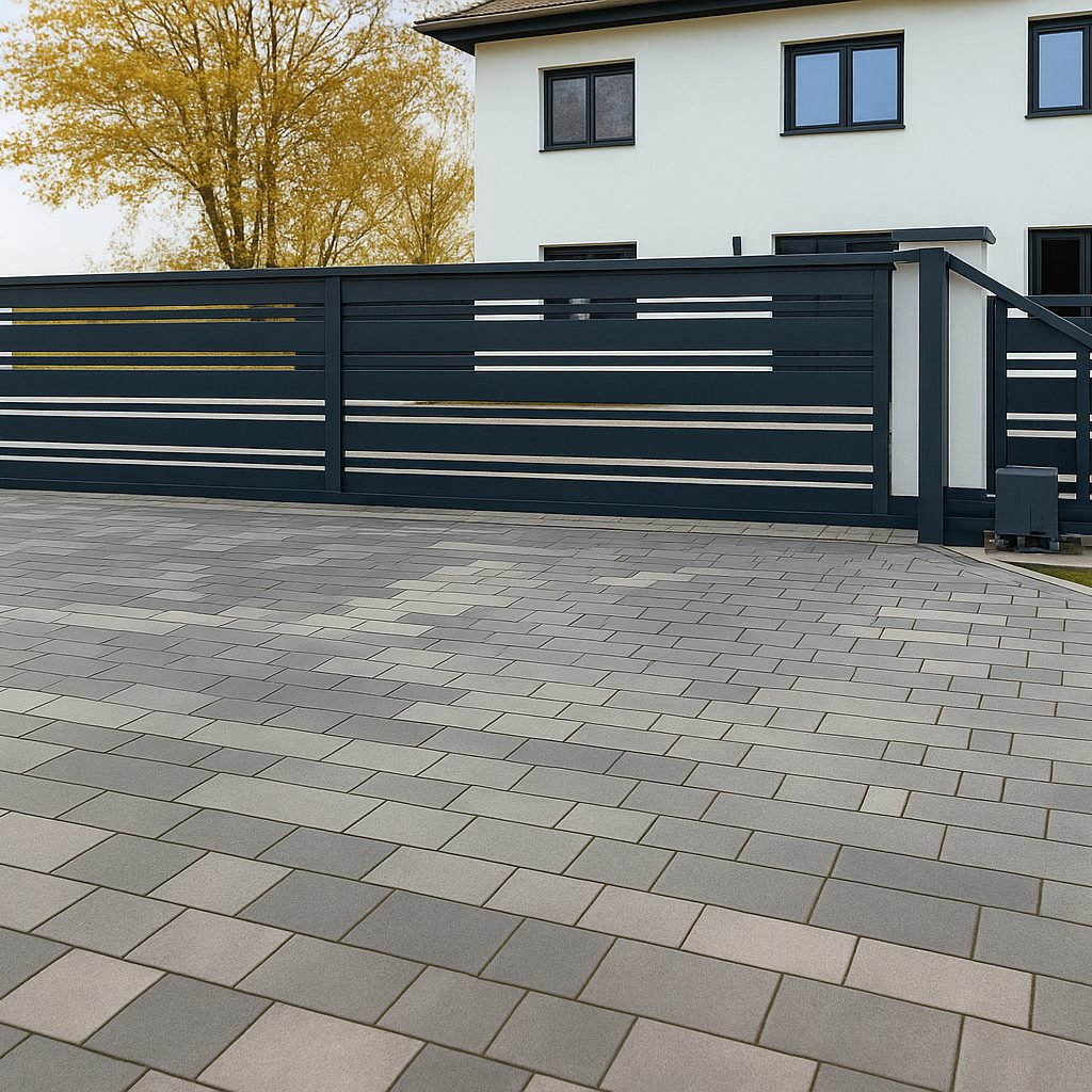 Modernes freitragendes Schiebetor in Anthrazit mit horizontalen Paneelen, installiert in Leipzig