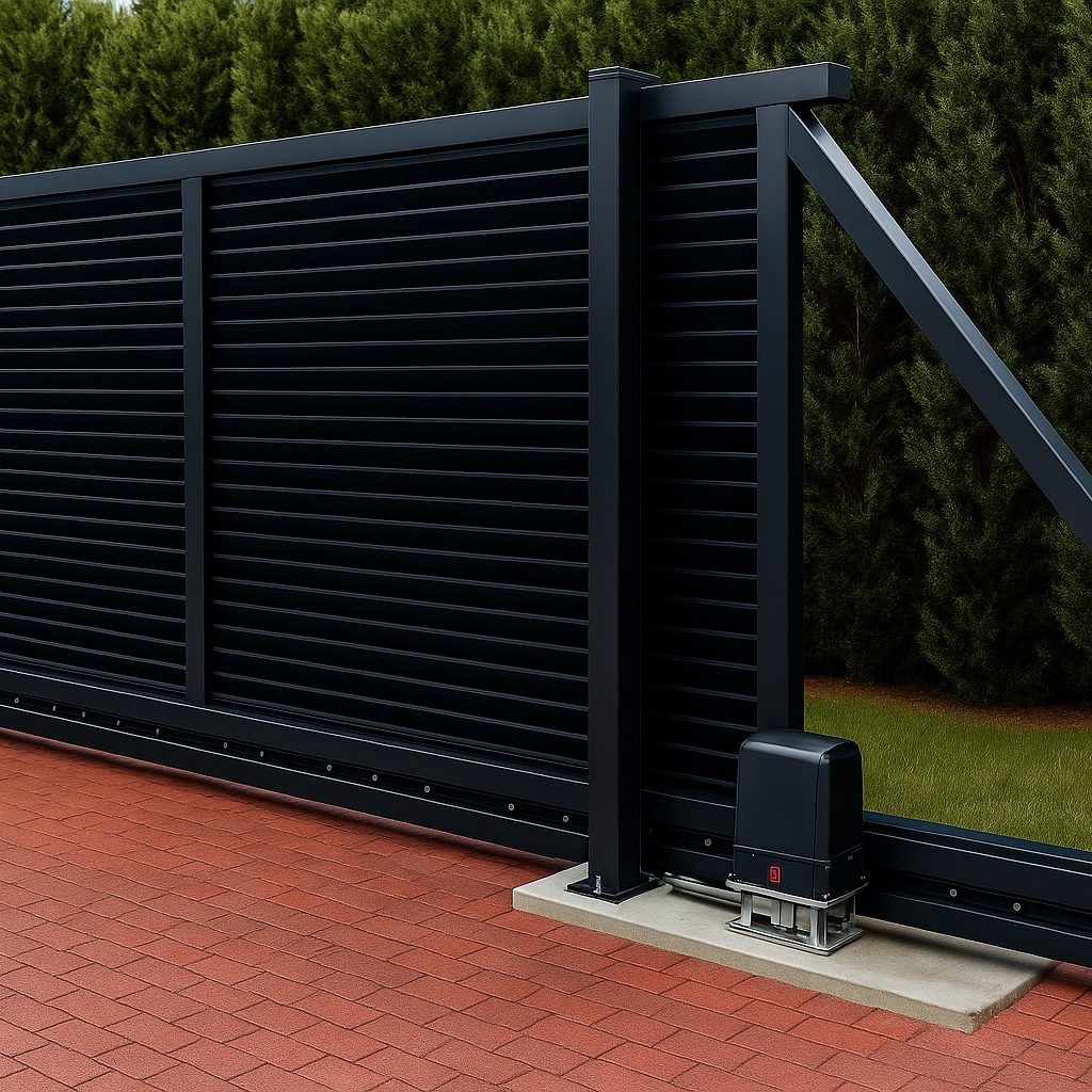 Freitragendes Schiebetor in Anthrazit mit Lamellen auf rotem Pflaster; dahinter eine asphaltierte Straße, in Halle