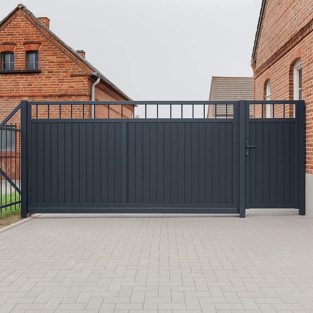 Freitragendes Schiebetor in Anthrazit mit senkrechter Paneelfüllung und integrierter Gehtür rechts, frontale Ansicht auf gepflasterte Einfahrt in Halle