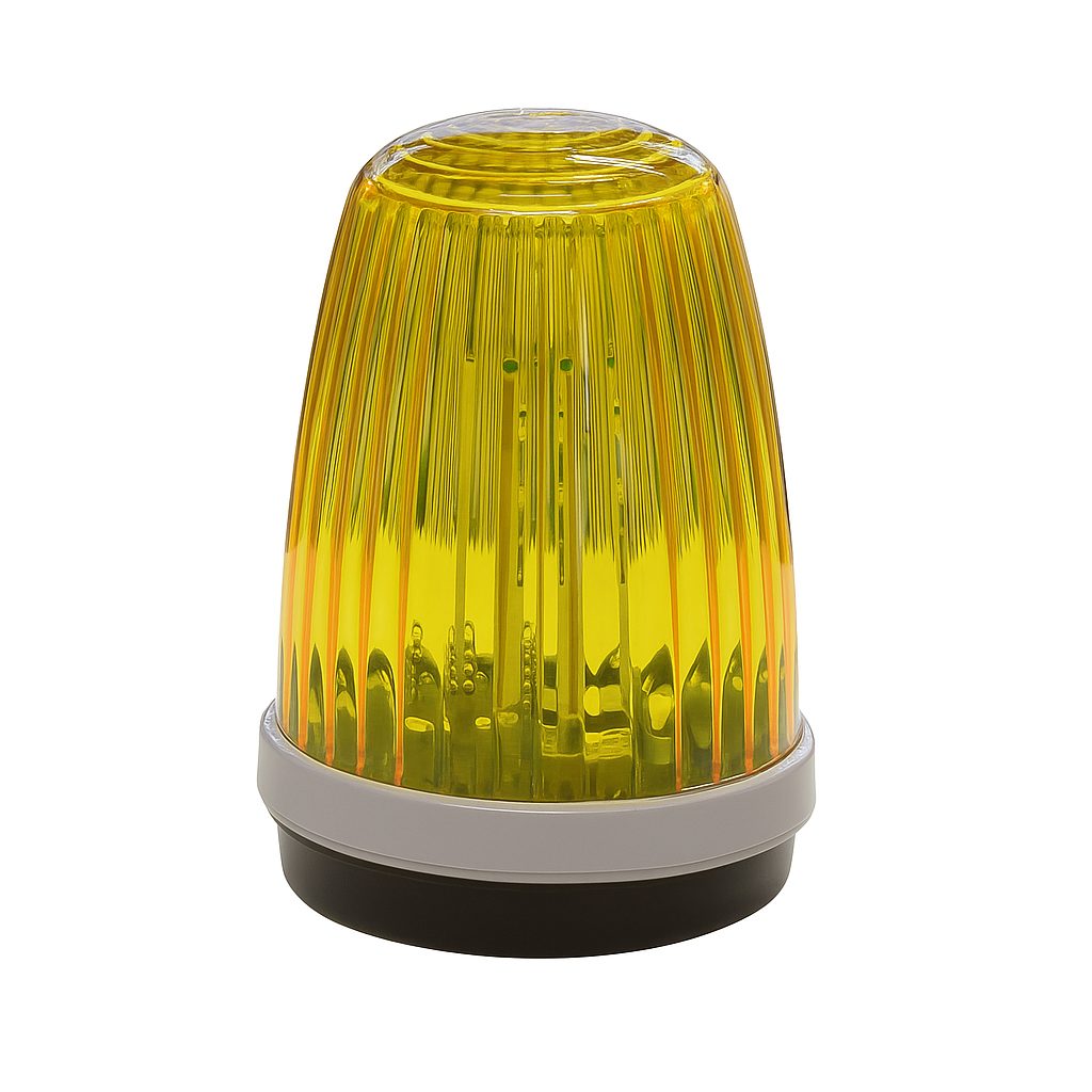 Gelbe LED-Signalleuchte mit transparentem Gehäuse und schwarzem Sockel, geeignet für automatische Einfahrtstore und Schranken.