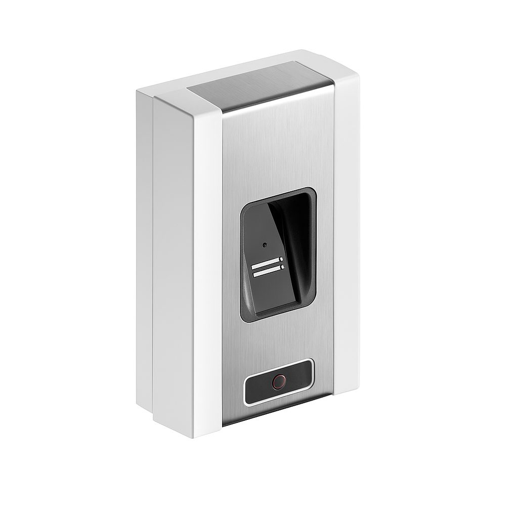 SOMMER ENTRAsys+ Fingerabdrucksensor aus Edelstahl, montierbar an Tor- oder Türsystemen, auf weißem Hintergrund.