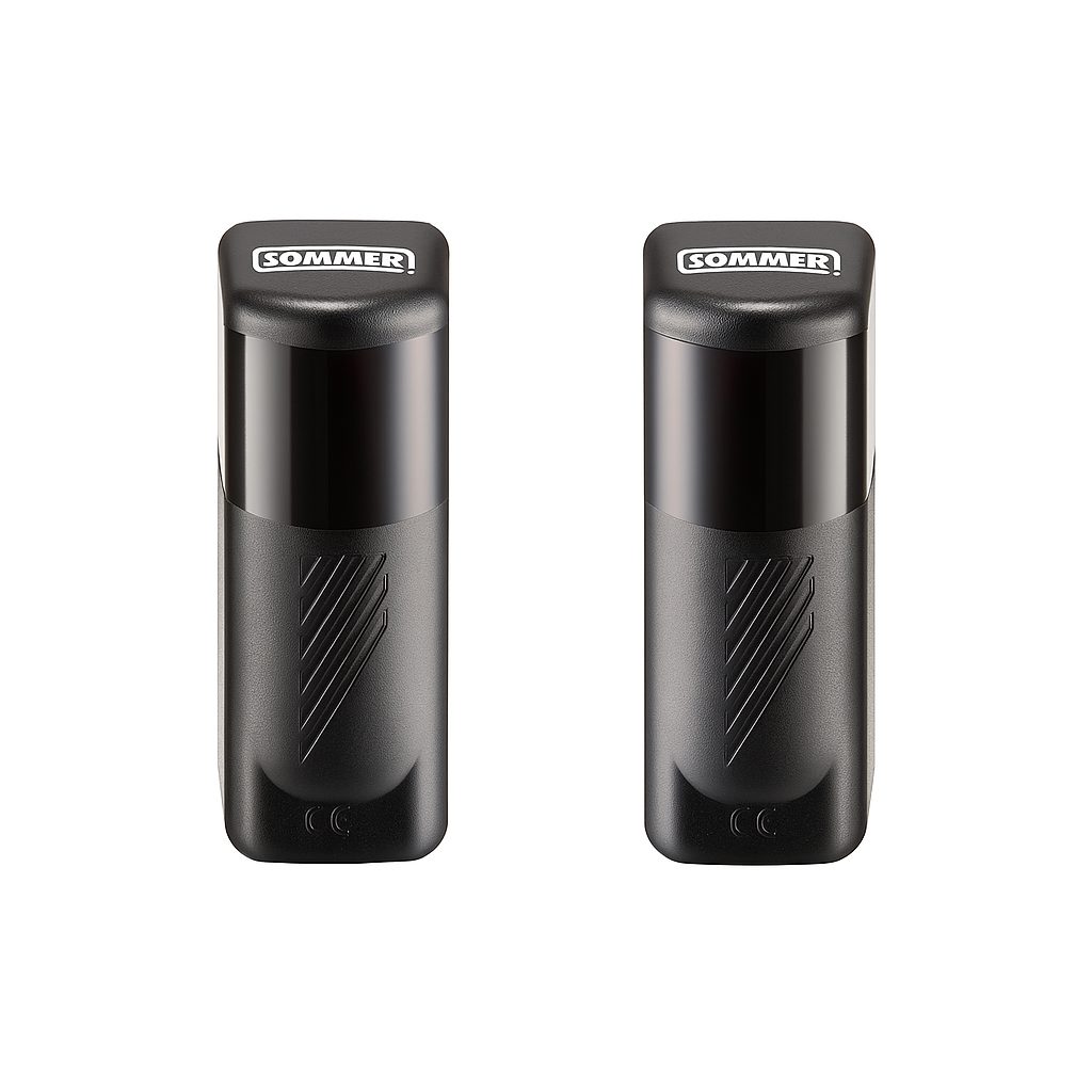 Zwei schwarze SOMMER Lichtschranken für Einfahrtstore, nebeneinander auf weißem Hintergrund, als Sicherheitszubehör für Torantriebe.