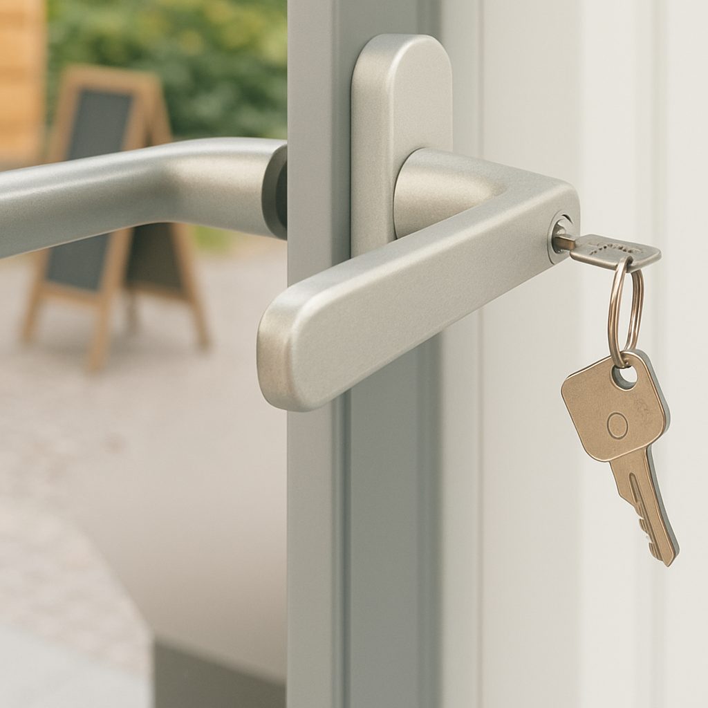 Abschließbarer Türgriff aus Aluminium an einer Wintergartentür eines kalten Wintergartens in der Region Halle Leipzig