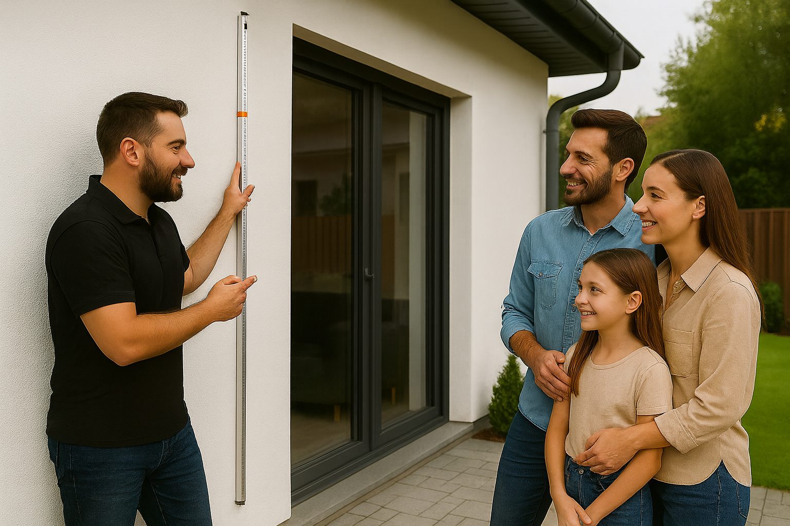 Berater misst mit einer Messlatte an der Hauswand eines Einfamilienhauses in Halle-Leipzig die Höhe für eine zukünftige Terrassenüberdachung, während die Familie im Garten zuschaut