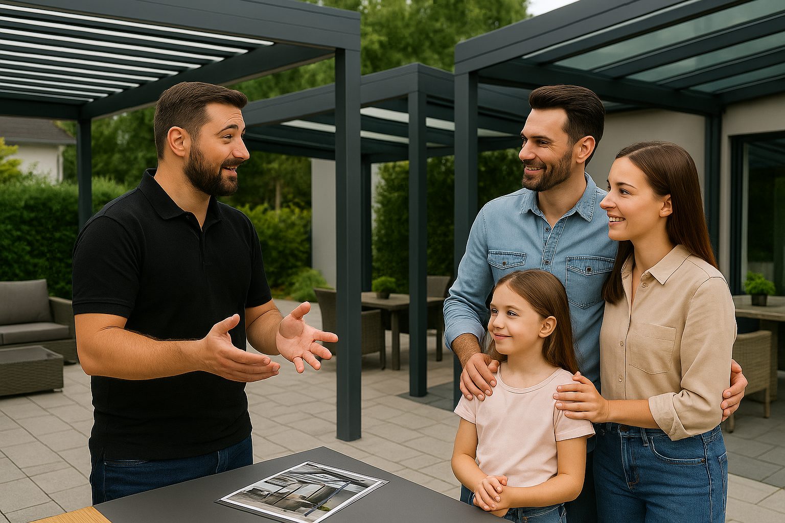 Berater erklärt einer Familie in einer Ausstellung für Terrassenüberdachungen in der Region Halle-Leipzig verschiedene Überdachungs-Modelle