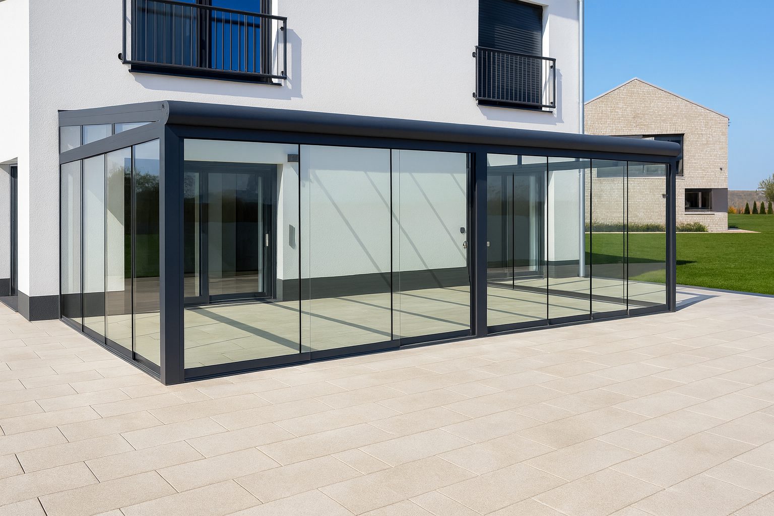 Moderner kalter Wintergarten aus Glas mit Aluminiumkonstruktion an Einfamilienhaus in der Region Halle Leipzig