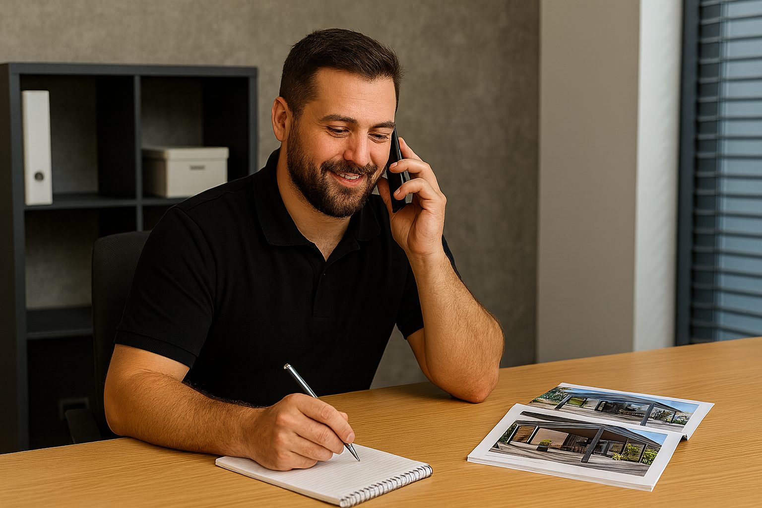Berater führt in Halle-Leipzig eine telefonische Beratung zu Terrassenüberdachungen durch und notiert Kundenwünsche im Notizblock