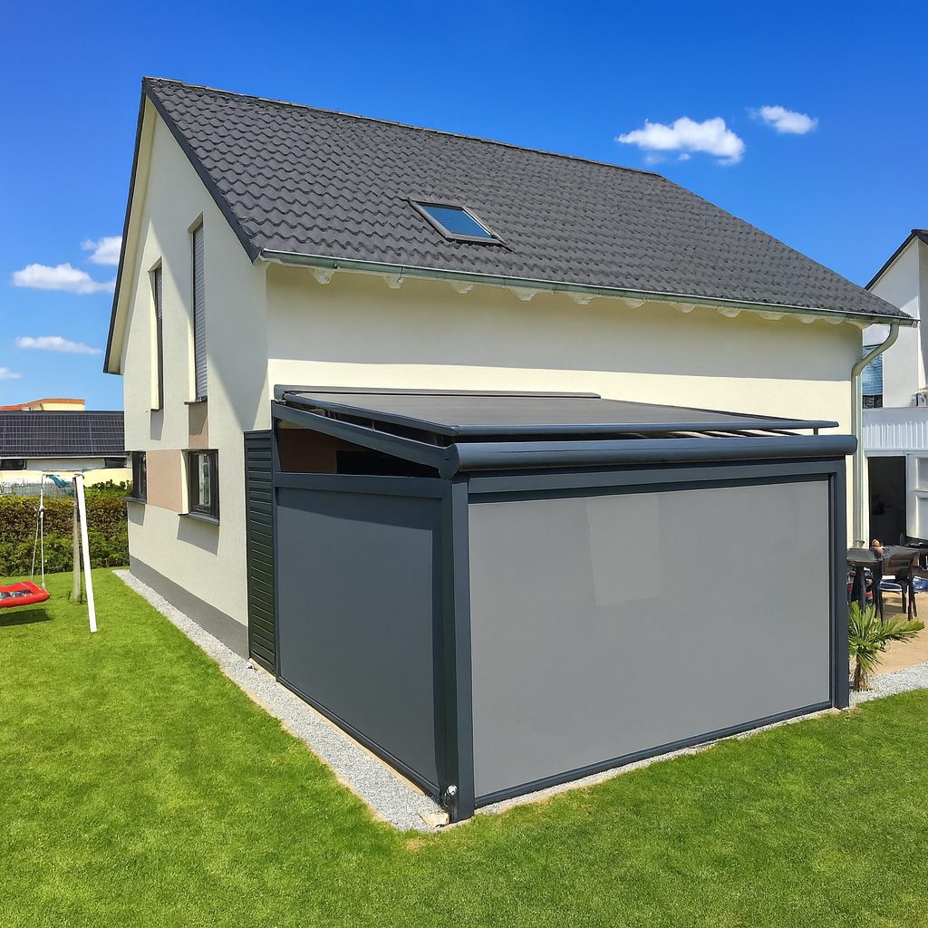 Moderne Terrassenüberdachung aus Aluminium mit Aufdach Markise und Seitenrollos an einem Einfamilienhaus in der Region Halle-Leipzig