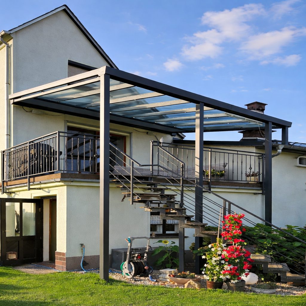 Terrassenüberdachung aus Aluminium in Anthrazit mit Glasdach an einem Einfamilienhaus mit Außentreppe in Halle