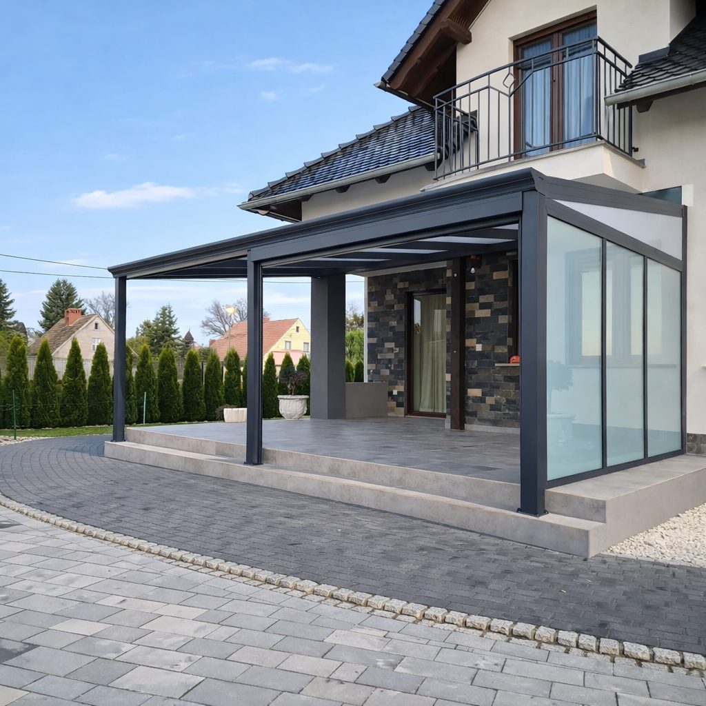 Aluminium-Terrassenüberdachung mit Glas-Seitenelement an Einfamilienhaus in Leipzig bei Tageslicht