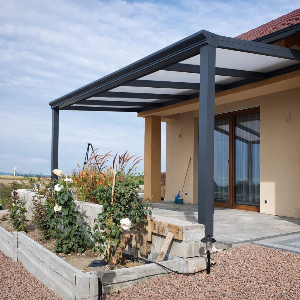 Aluminium-Terrassenüberdachung an Einfamilienhaus in Halle (Saale) mit moderner Pergola-Optik