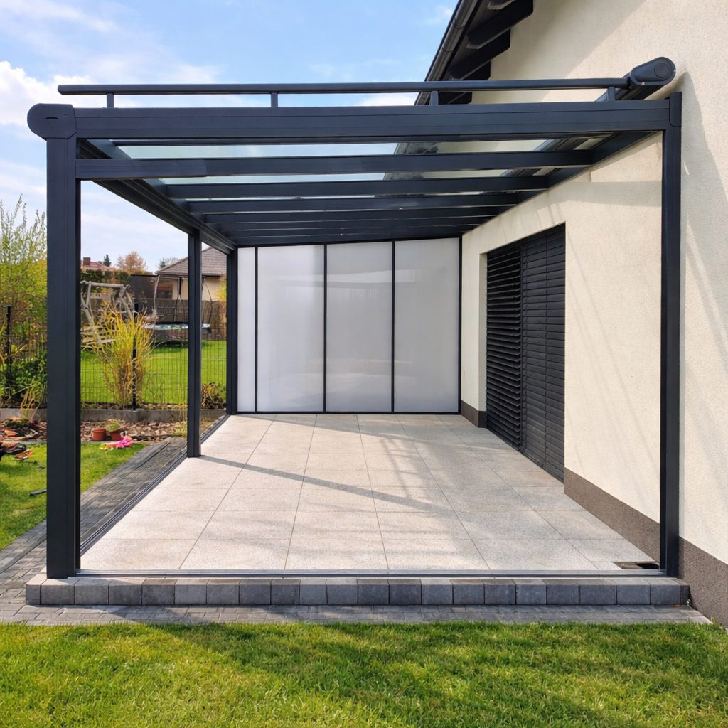 Aluminium-Terrassenüberdachung mit Seitenelement und Sonnenschein an Einfamilienhaus in Halle (Saale)