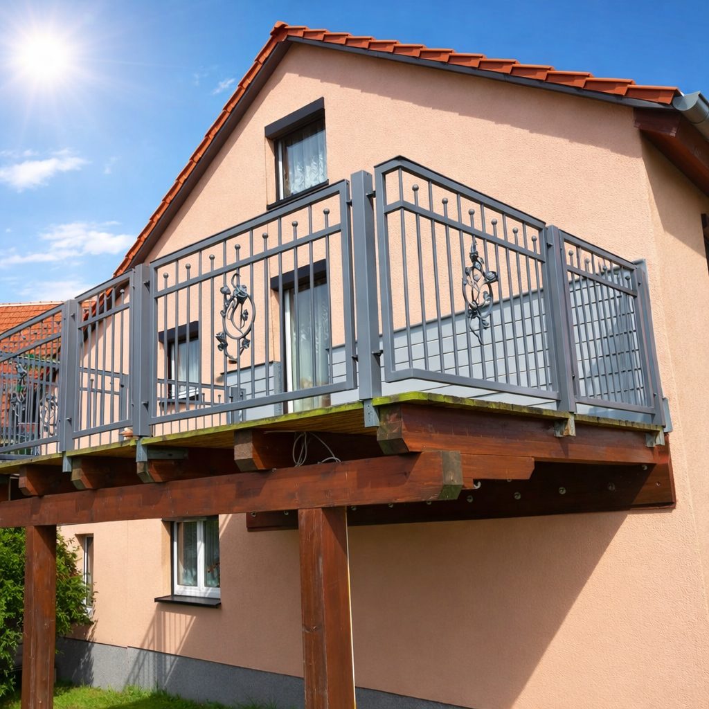 Anthrazitfarbenes Balkongeländer an Einfamilienhaus bei Sonnenschein – Region Halle–Leipzig