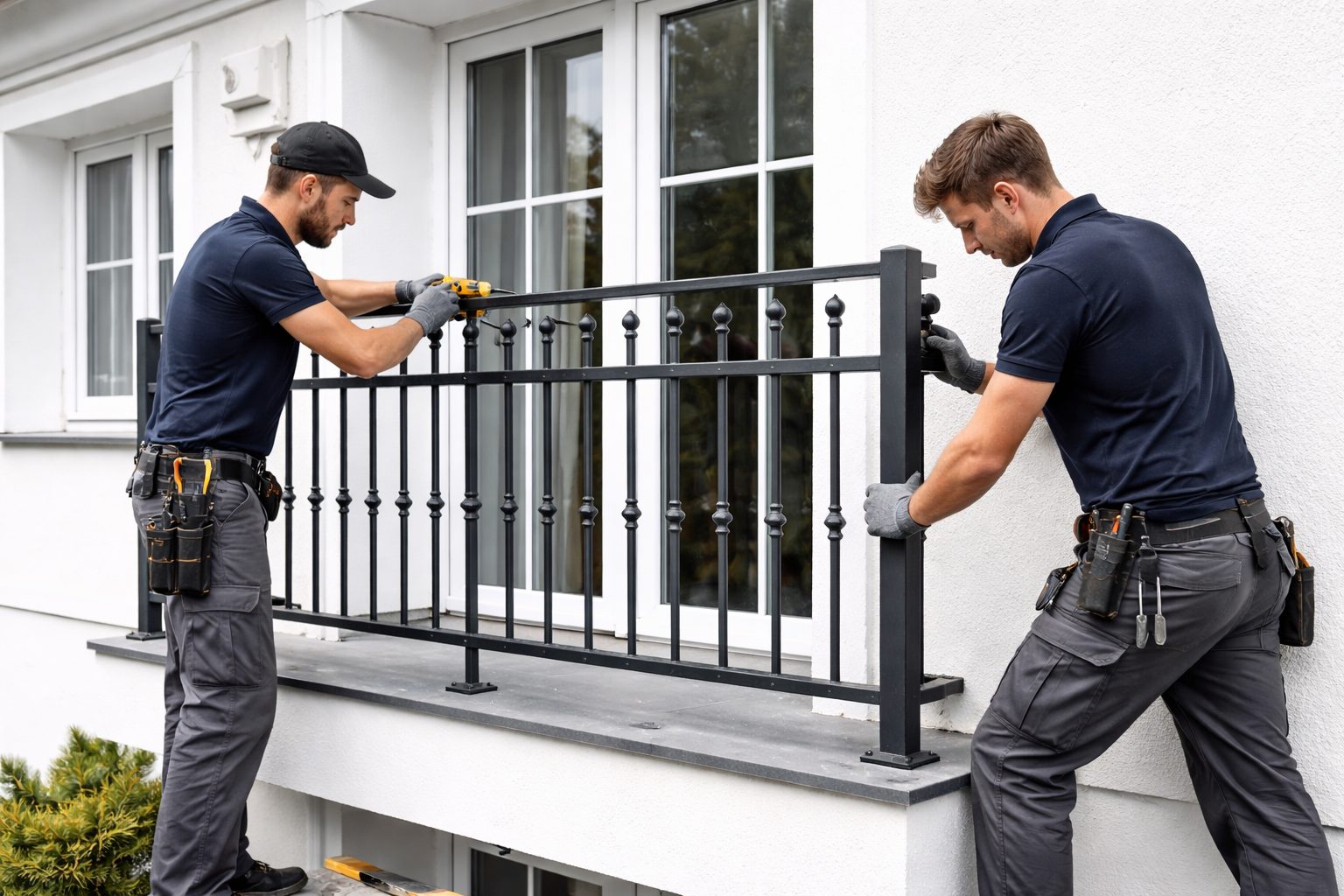 Zwei Monteure montieren ein klassisches Balkongeländer in Anthrazit an einem Wohnhaus.