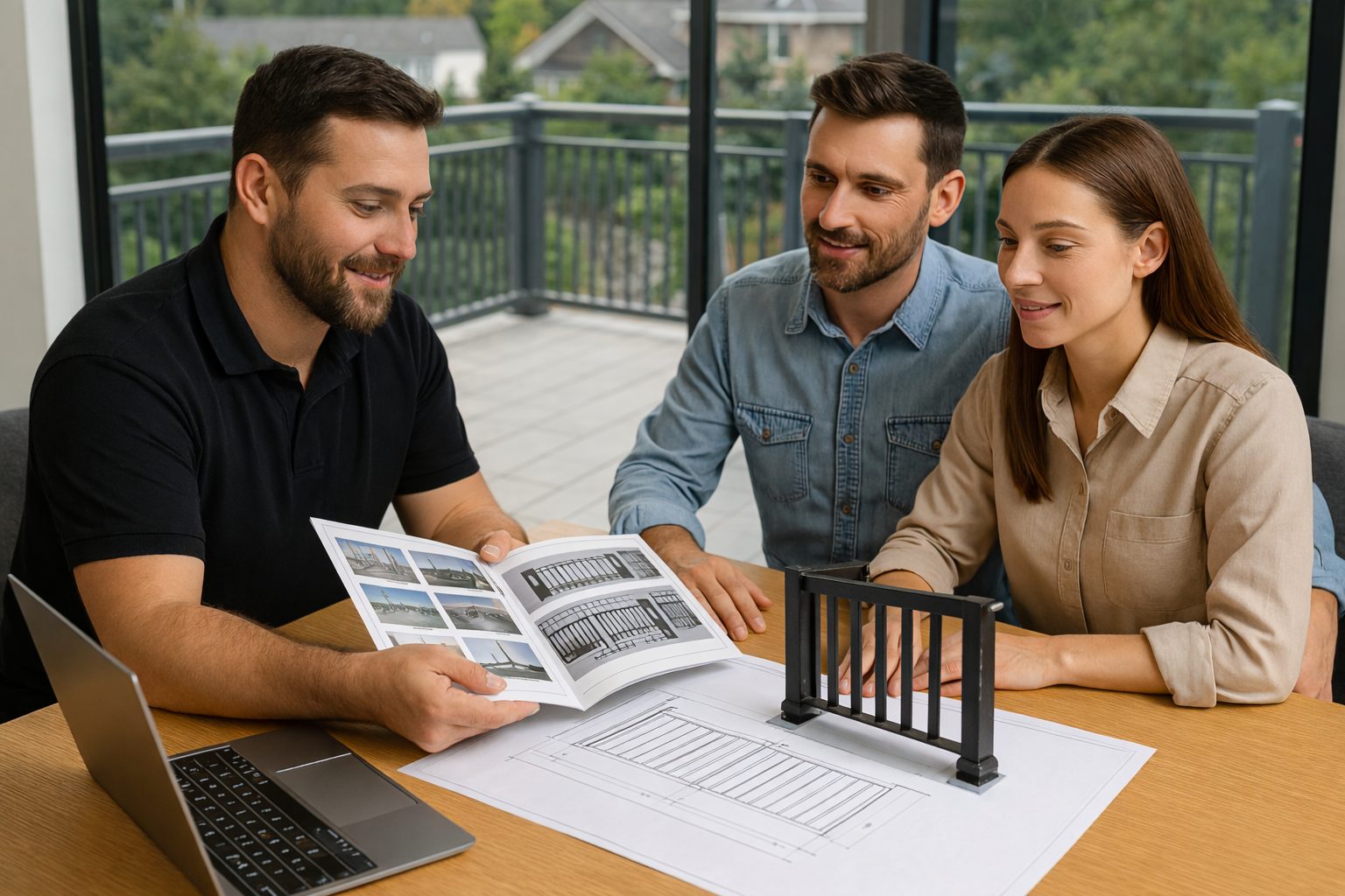 Beratungsgespräch zu einem Balkongeländer mit Muster und Plan in der Region Halle–Leipzig.