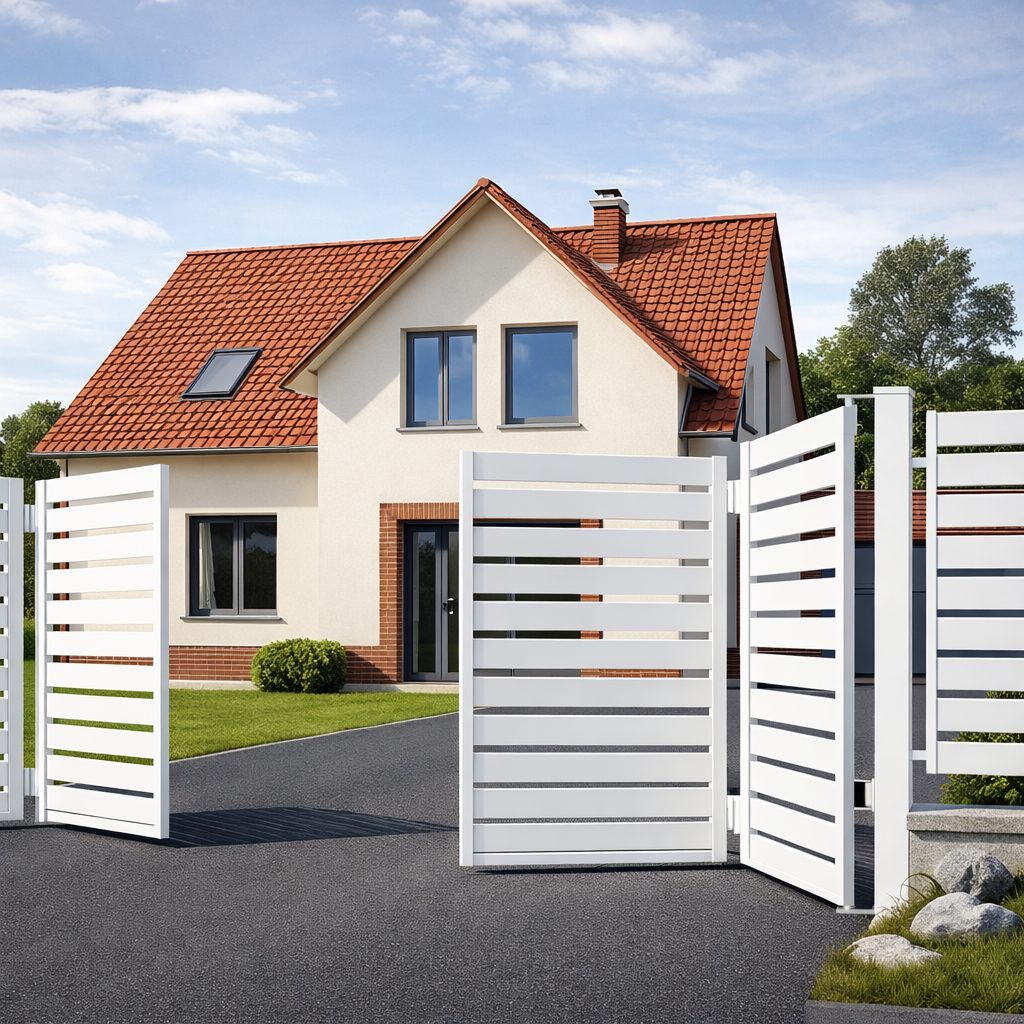 Weißes Aluminium-Falttor als Einfahrtstor vor einem Einfamilienhaus in Halle