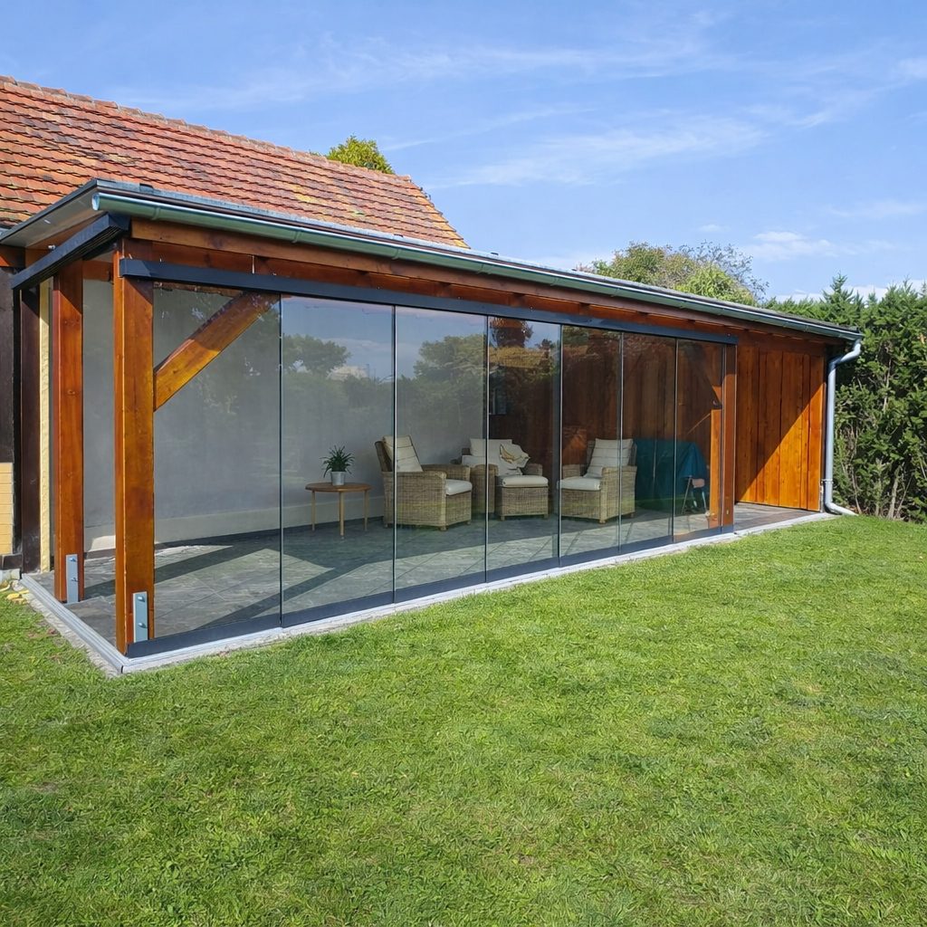 Holz-Terrassendach mit bodentiefen Glas-Schiebewänden und Lounge-Ecke, sonnige Aufnahme im Garten in der Region Leipzig.